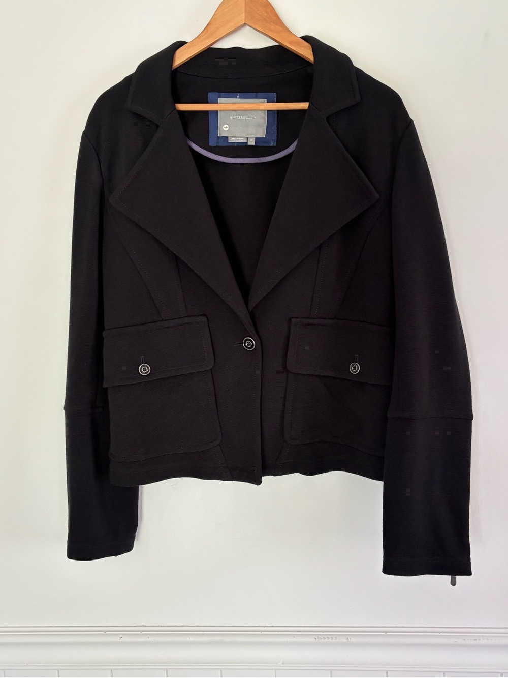 Anthropologie Black One Button Blazer Jacket W/Pockets Size Large LP Career A18